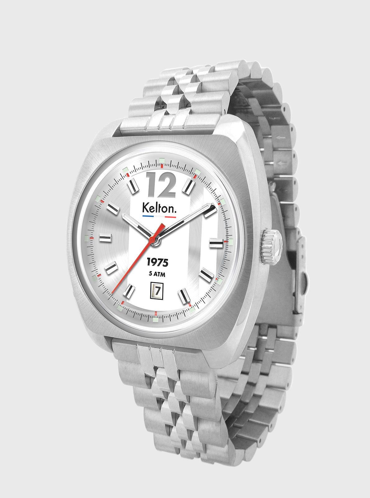Image of Montre Kelton RC 1975 argent, cadran blanc, bracelet à maillons et aiguilles rouges
