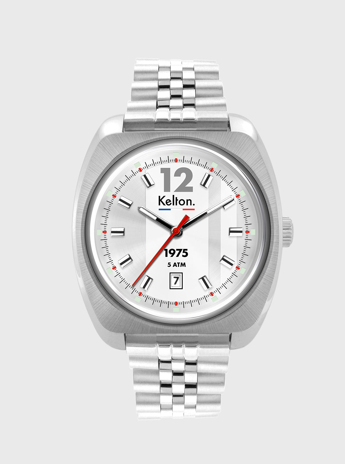 Montre Kelton RC 1975 acier et bracelet à maillons, cadran blanc, date 7