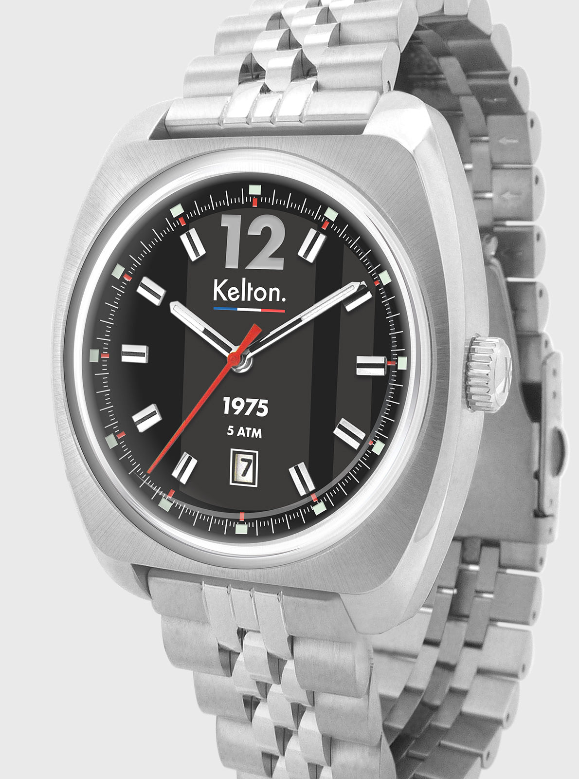 Image of Montre Kelton acier : cadran noir détaillé, index blancs, aiguilles rouges et noires