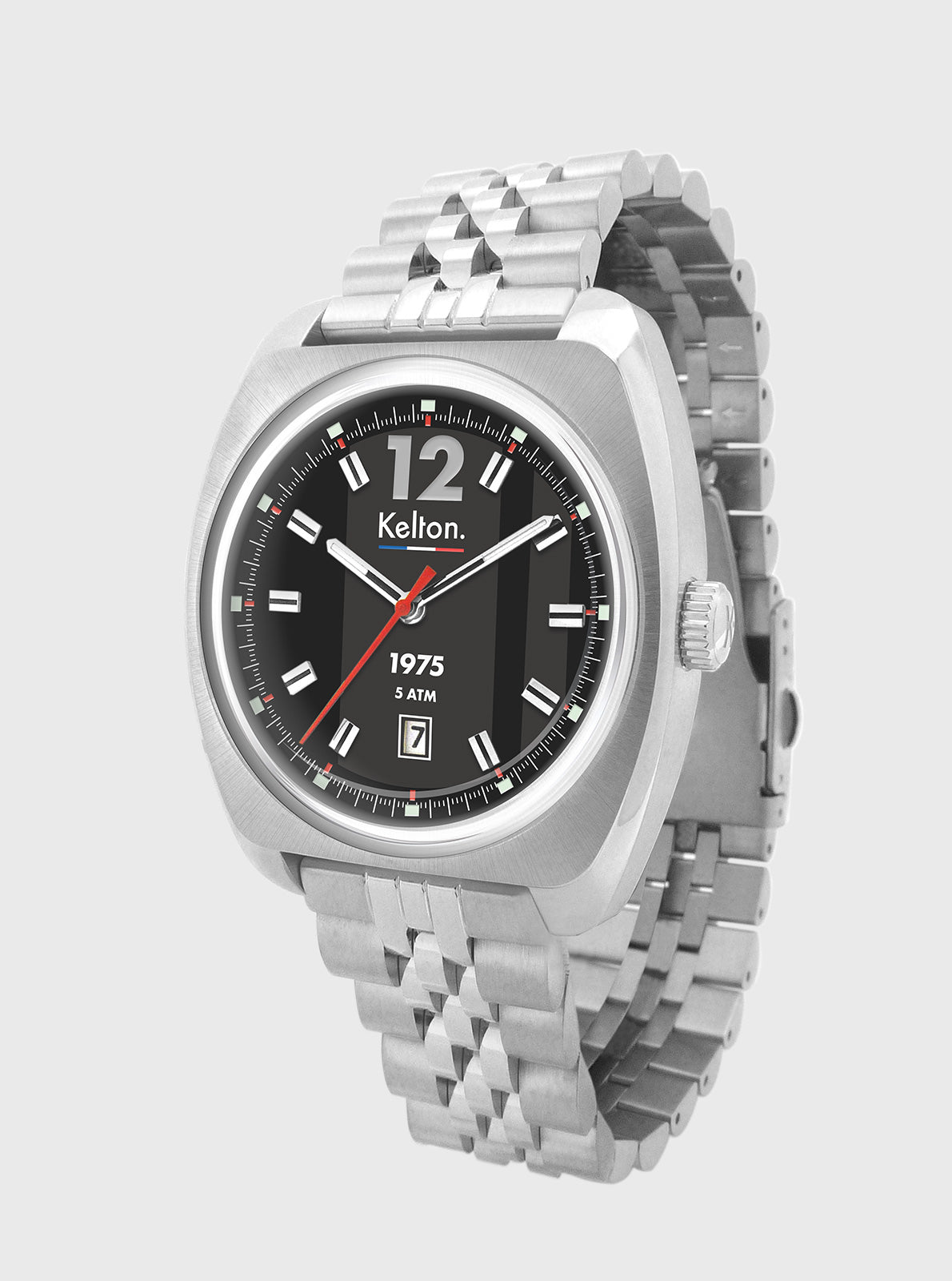 Image of Montre Kelton acier, cadran noir avec index blancs et aiguilles rouges, bracelet maille