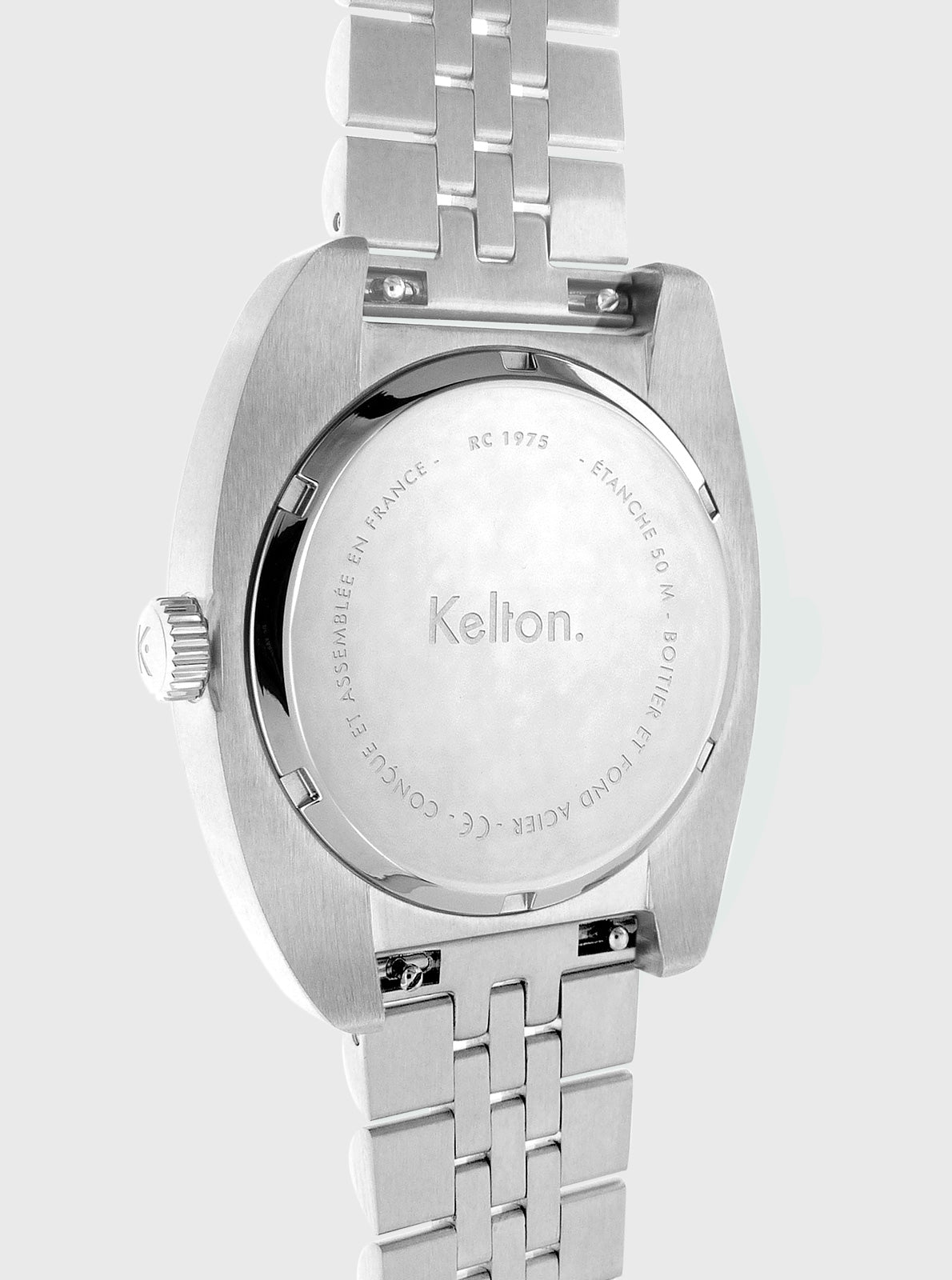 Image of Montre Kelton acier vue arrière : boîtier gravé et bracelet à maillons