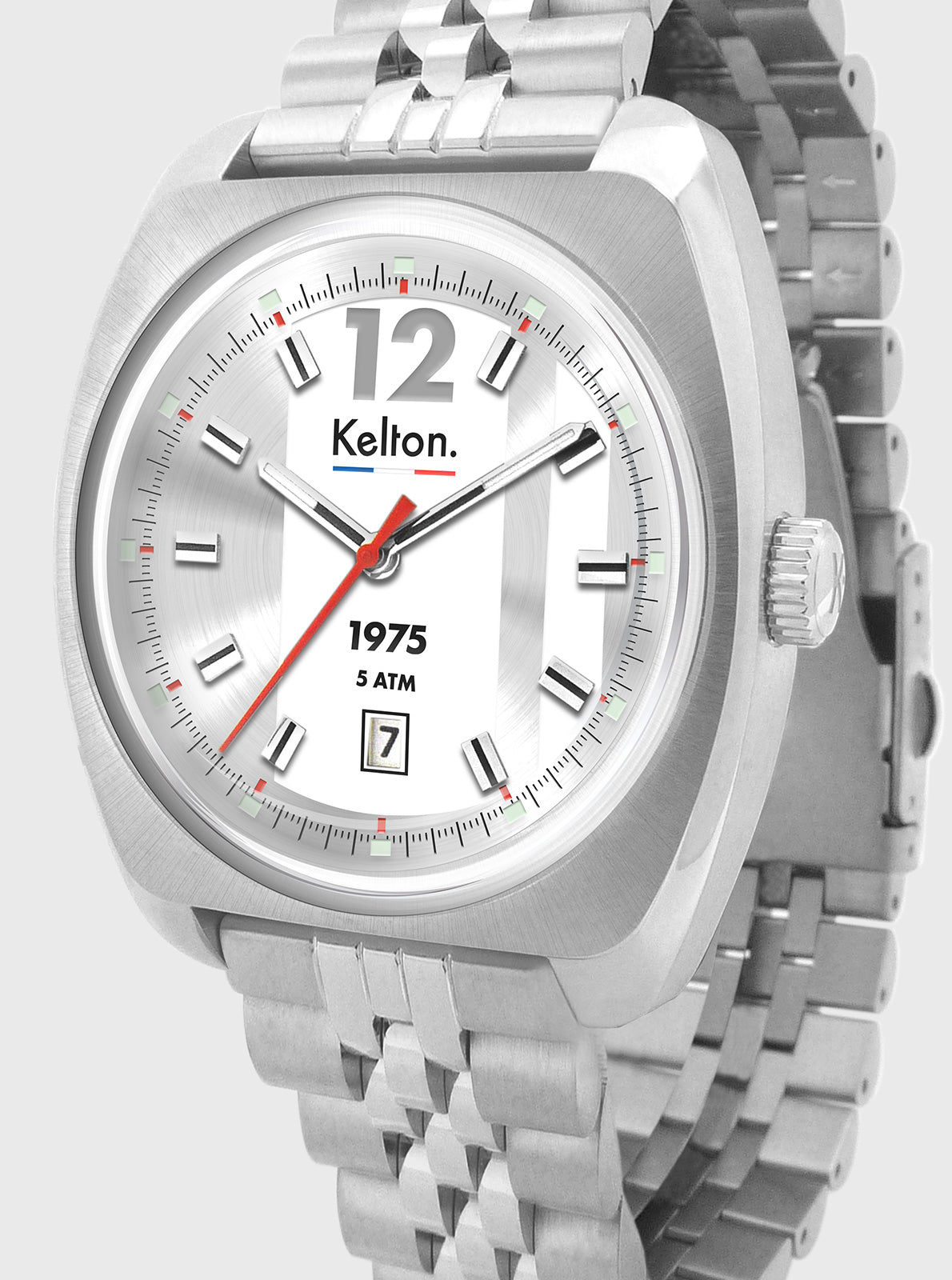 Image of Montre Kelton RC 1975, cadran blanc détaillé avec index, date et aiguilles rouges
