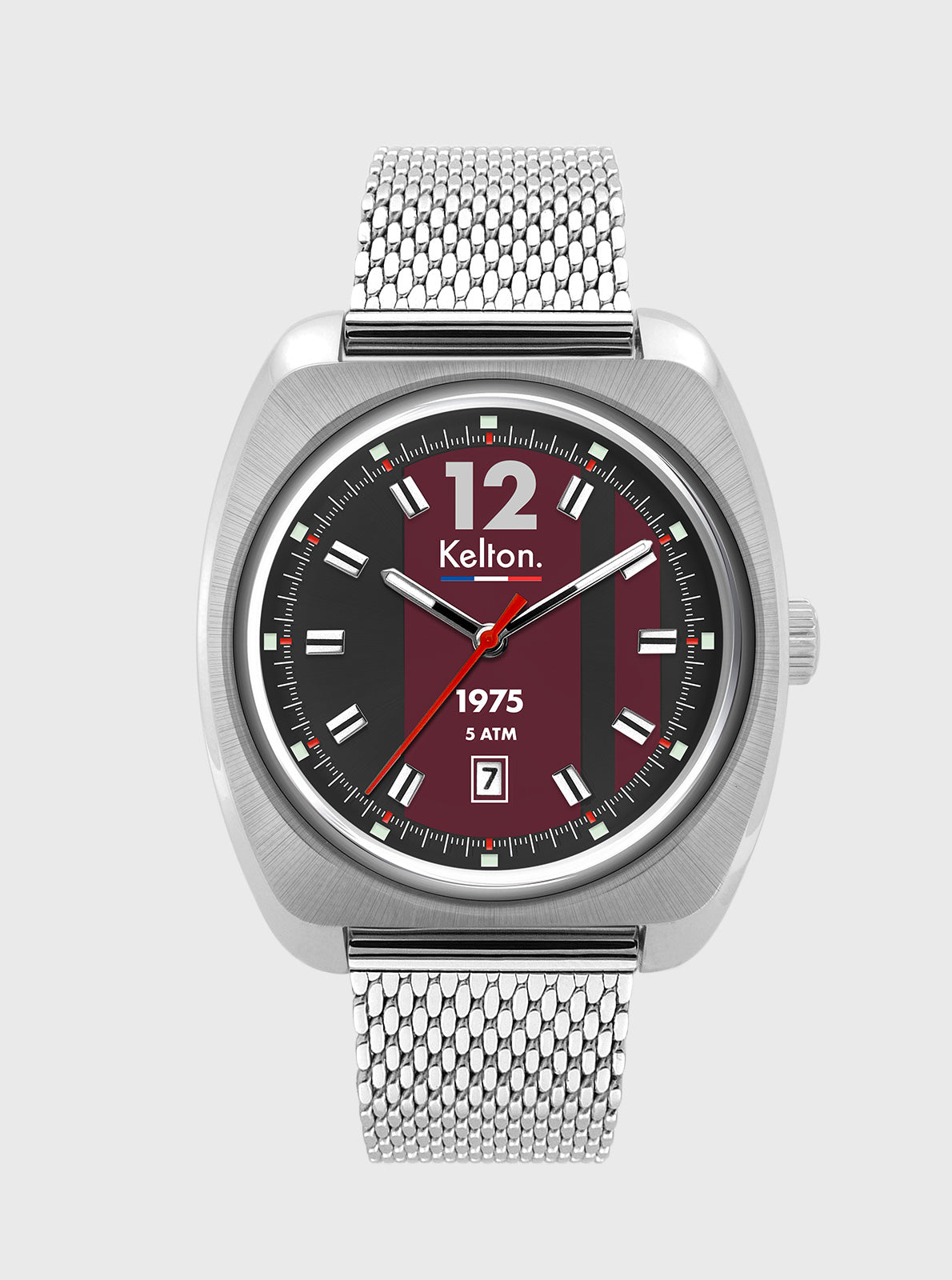 Image of Montre Kelton acier argenté, cadran noir et bordeaux, bracelet maille métallique
