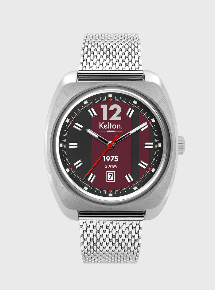 Montre Kelton acier argenté, cadran noir et bordeaux, bracelet maille métallique