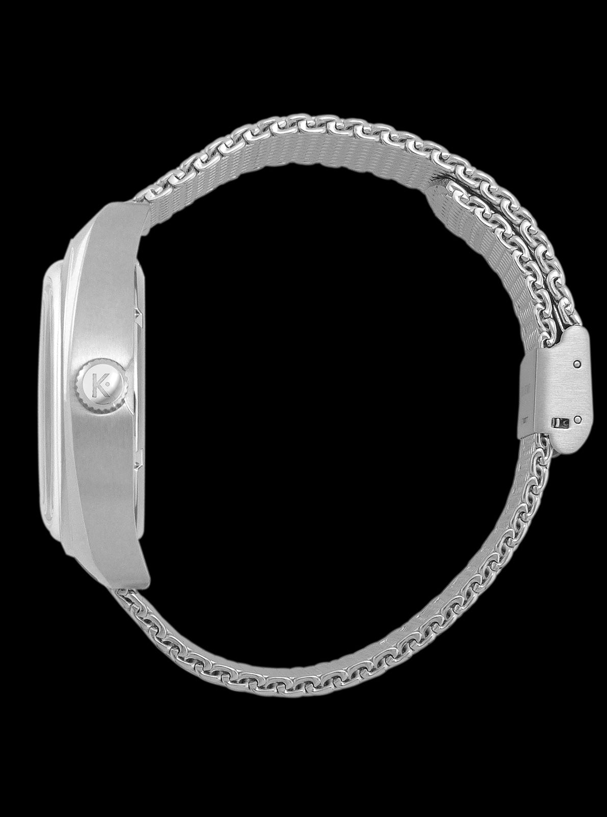 Image of Montre Kelton RC 1975 vue de côté, boîtier argent et bracelet maille chaîne.