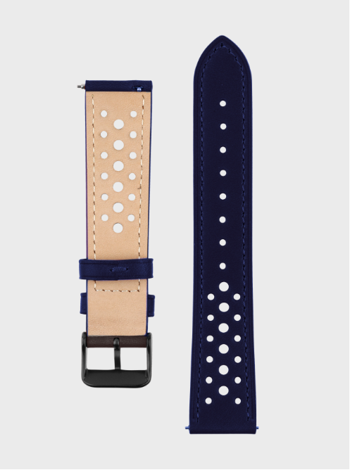 Image of Bracelet en cuir 22 mm bleu nuit, fermeture à ardillon, rivets décoratifs blancs.