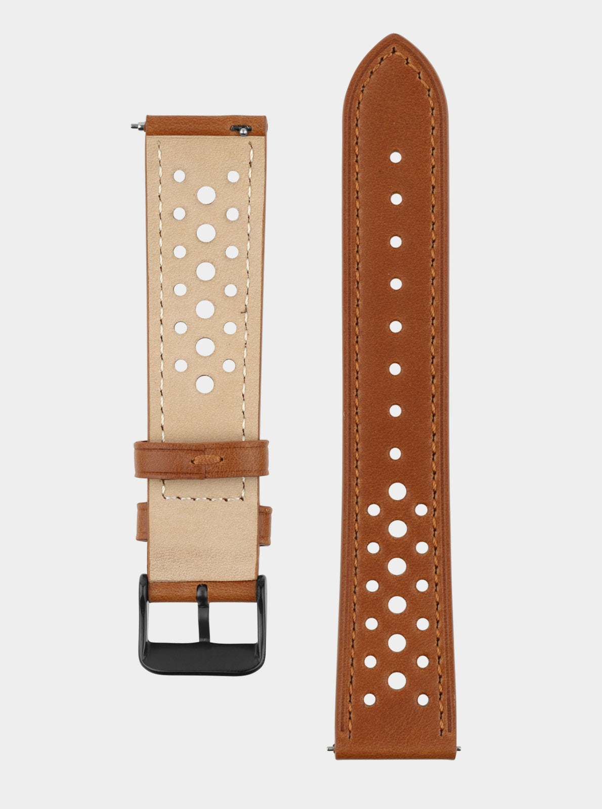 Image of Bracelet en cuir 20 mm marron foncé, perforations rondes blanches et fermoir argent