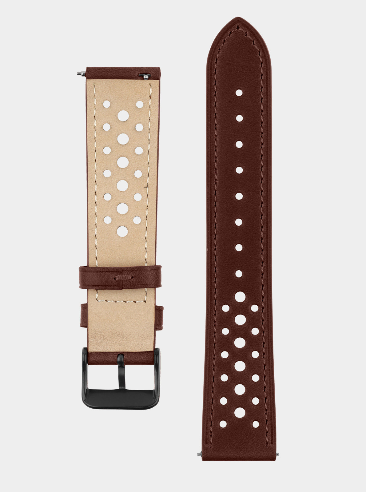 Image of Bracelet en cuir 20 mm marron, perforations rondes blanches et fermoir argent