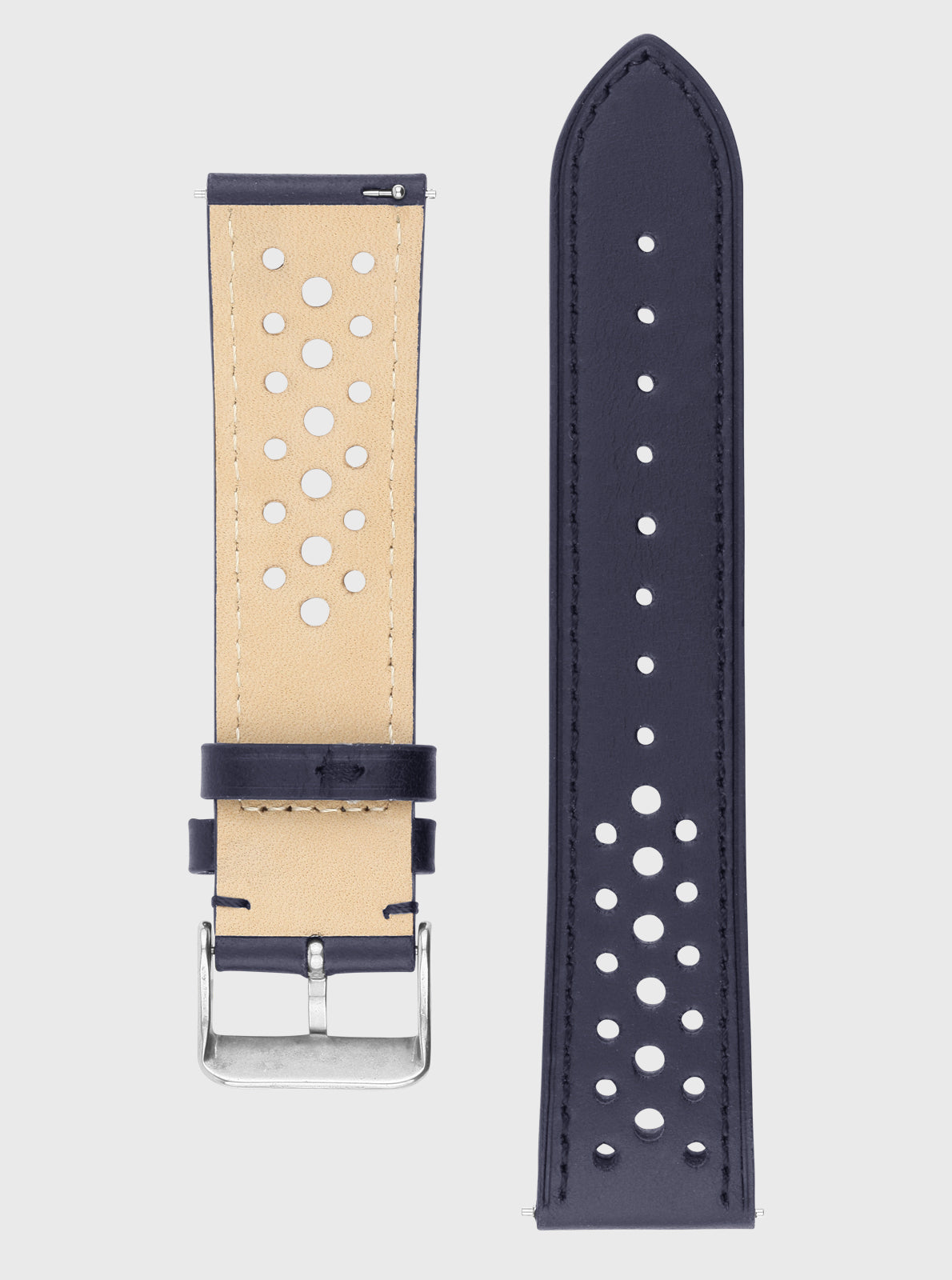 Image of Bracelet en cuir 20 mm bleu nuit, perforations rondes blanches et fermoir argent