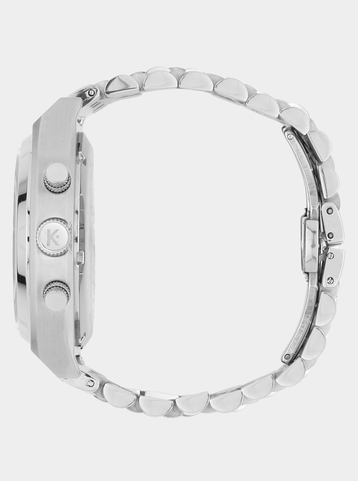 Image of Montre à bracelet métal, boîtier acier vu de profil, sans cadran apparent.