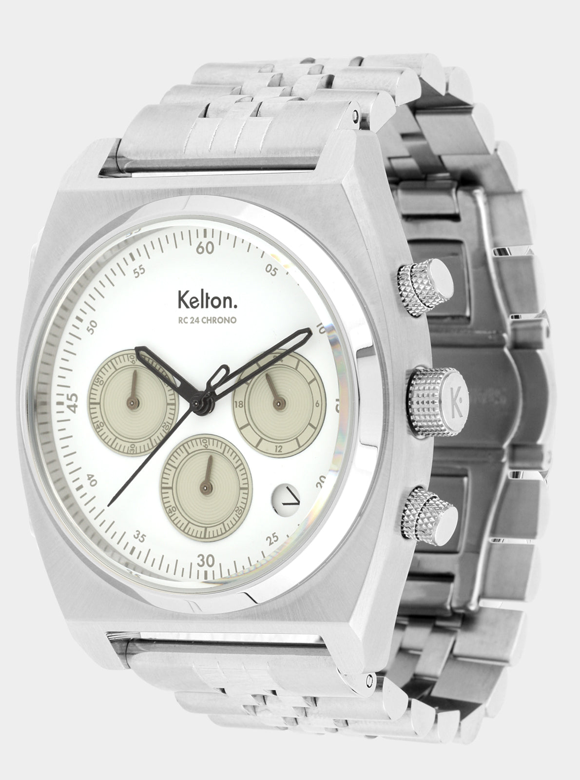 Image of Montre chronographe argentée cadran blanc avec couronne et poussoirs latéraux
