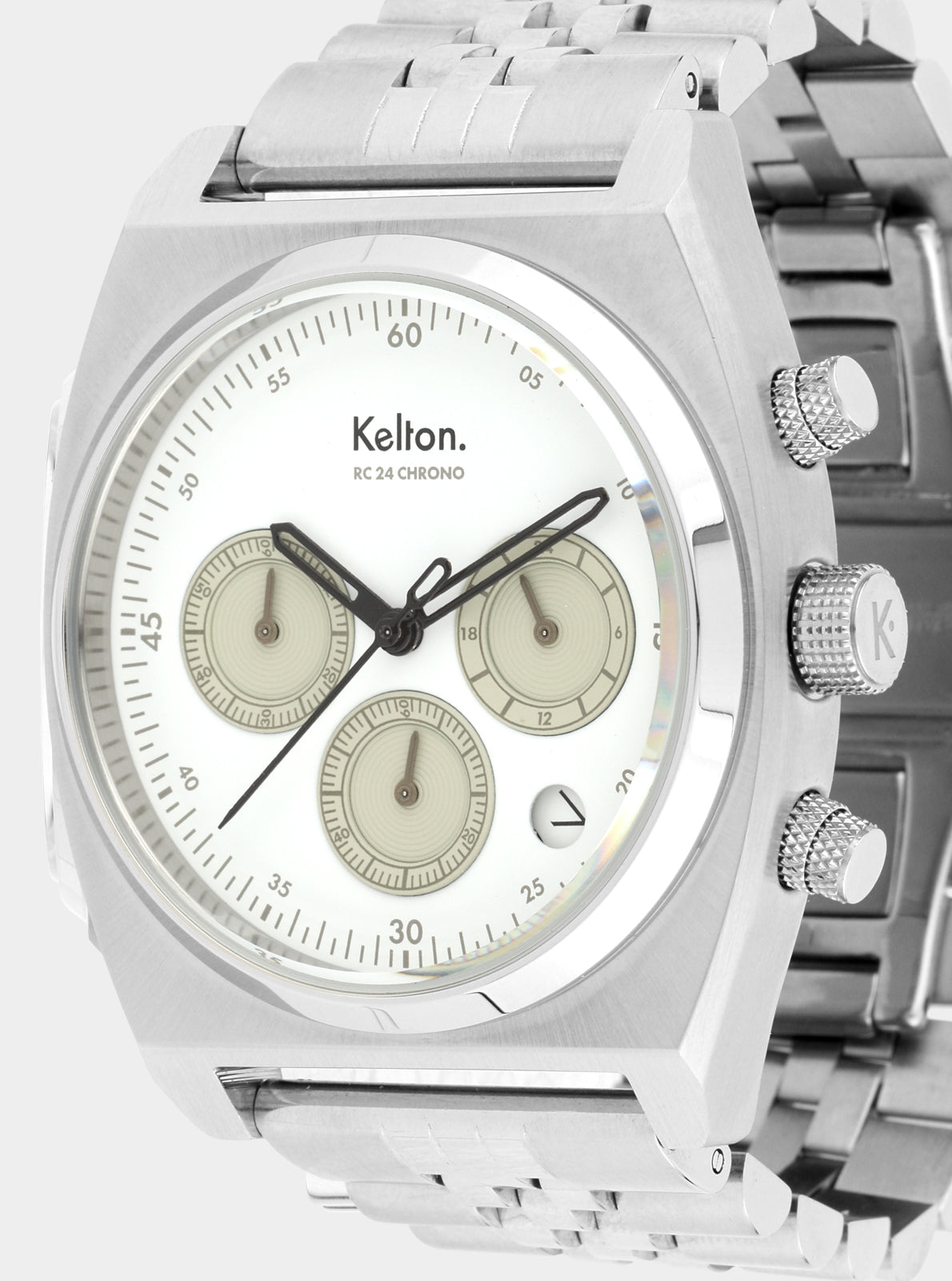 Image of Montre chronographe argentée cadran blanc à trois compteurs et index