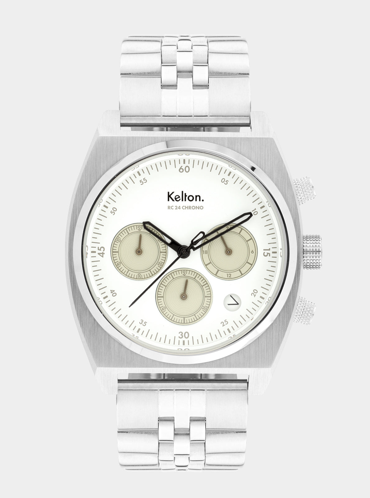 Image of Montre chronographe argentée avec cadran blanc et bracelet maillons en métal