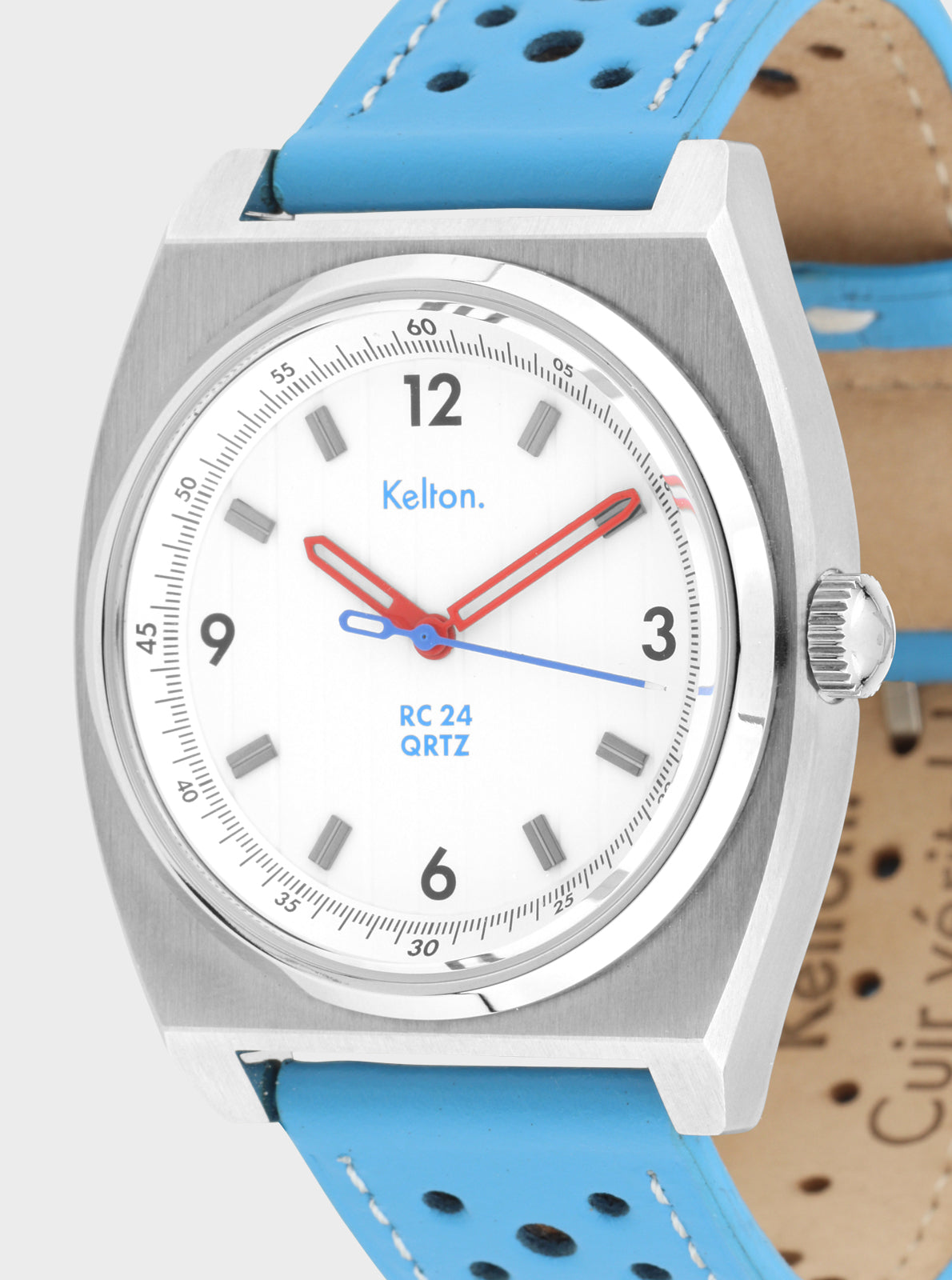 Image of Montre Kelton cadran blanc, aiguilles rouges et bleues, bracelet bleu perforé.