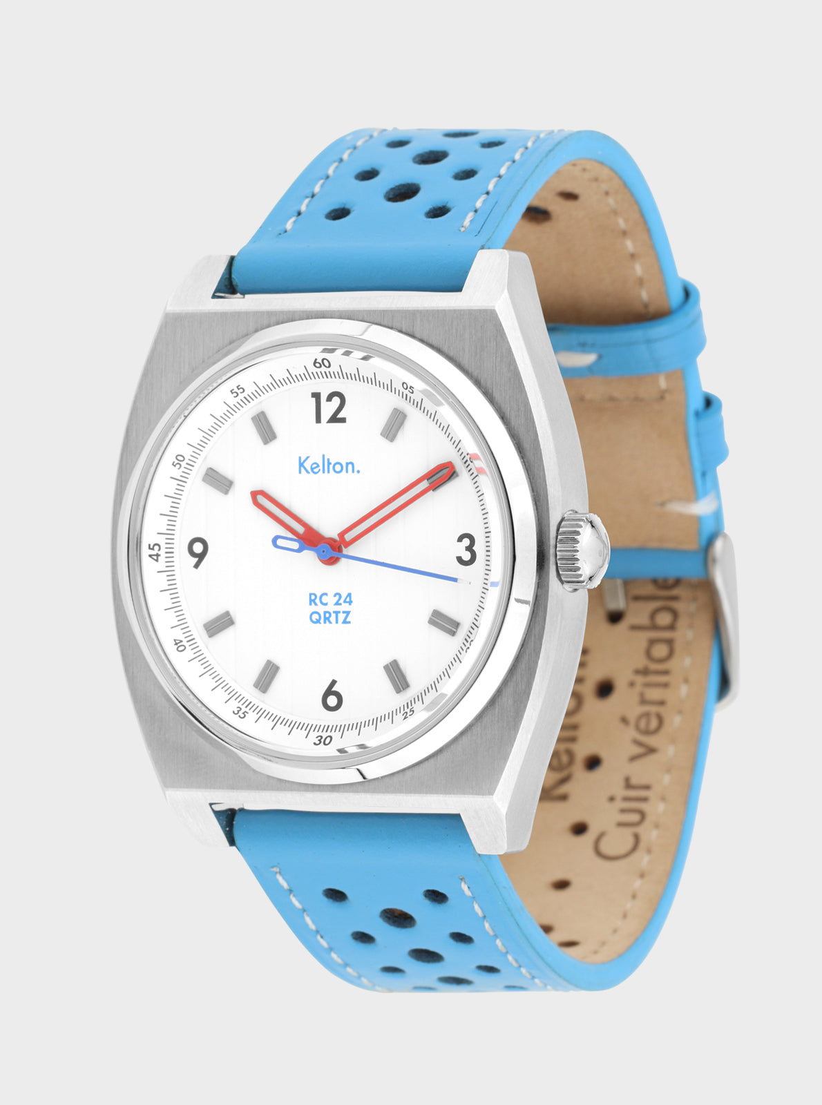 Image of Montre Kelton cadran blanc, boîtier argenté, bracelet bleu perforé, couronne latérale.