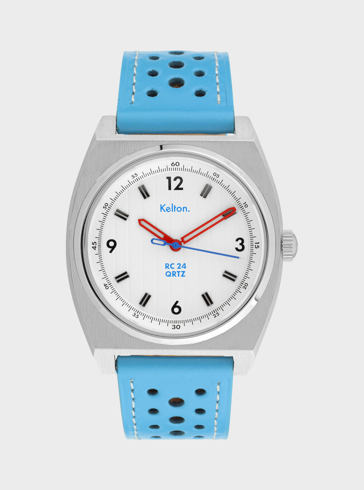Image of Montre Kelton analogique, cadran blanc, boîtier argenté, bracelet bleu perforé.