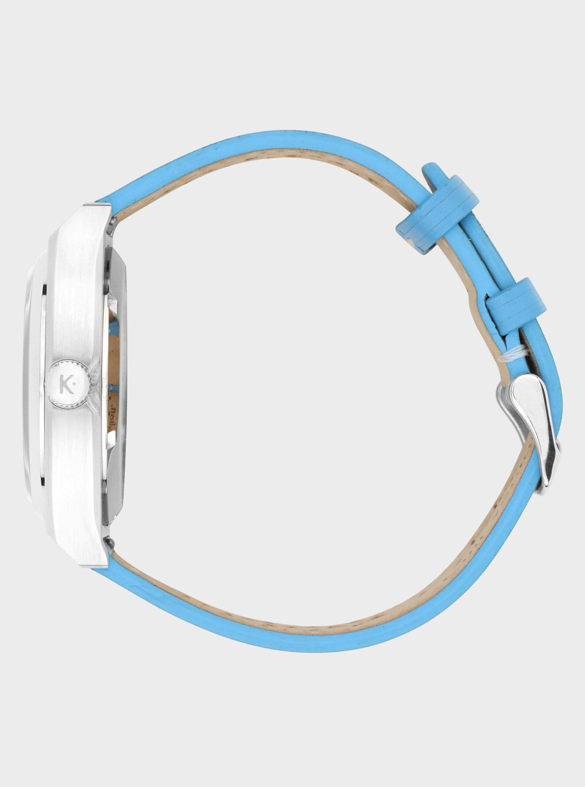 Image of Montre Kelton vue de côté, bracelet bleu avec surpiqûres, boîtier argenté.
