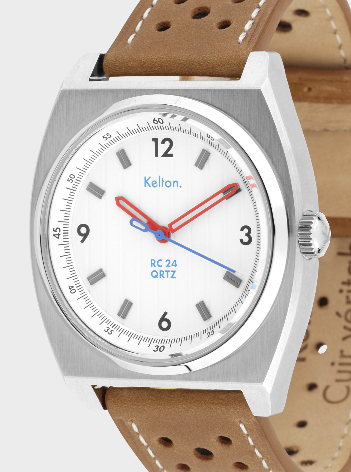Image of Montre à cadran blanc, logo Kelton, marquage RC 24 QRTZ, aiguilles rouge/bleu.
