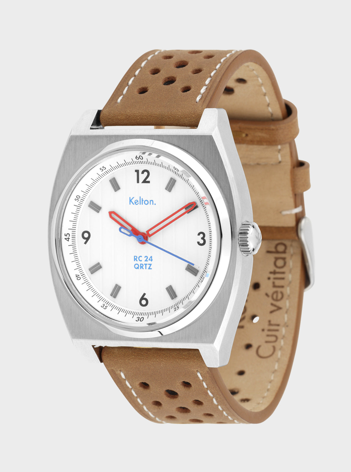 Image of Montre à cadran blanc et boîtier acier, bracelet cuir marron avec boucle.