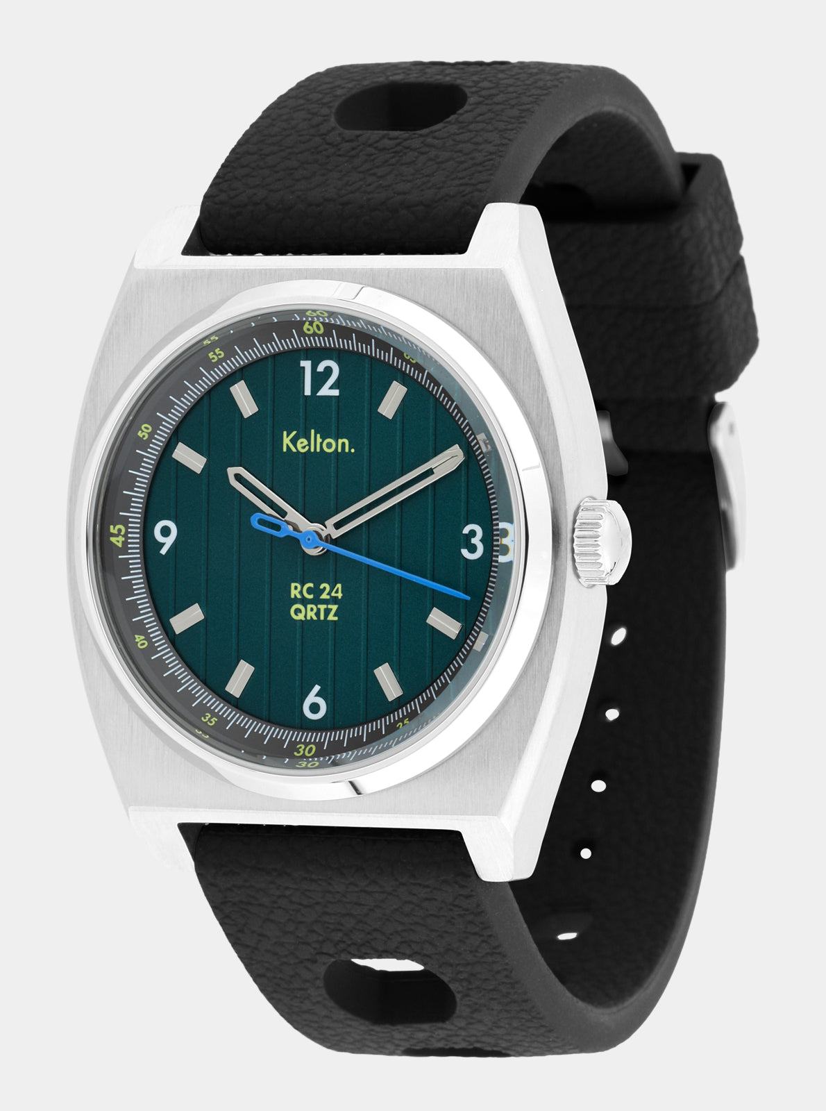 Image of Montre boîtier acier et cadran vert, bracelet cuir noir, couronne latérale