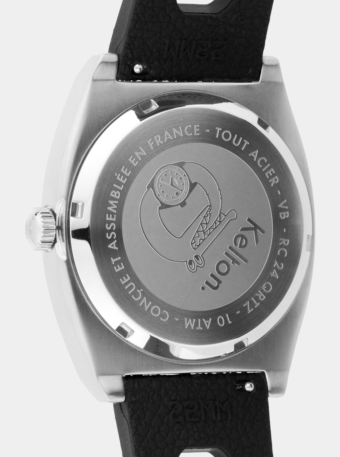 Image of Fond de montre en acier gravé, bracelet cuir noir, couronne et boutons visibles