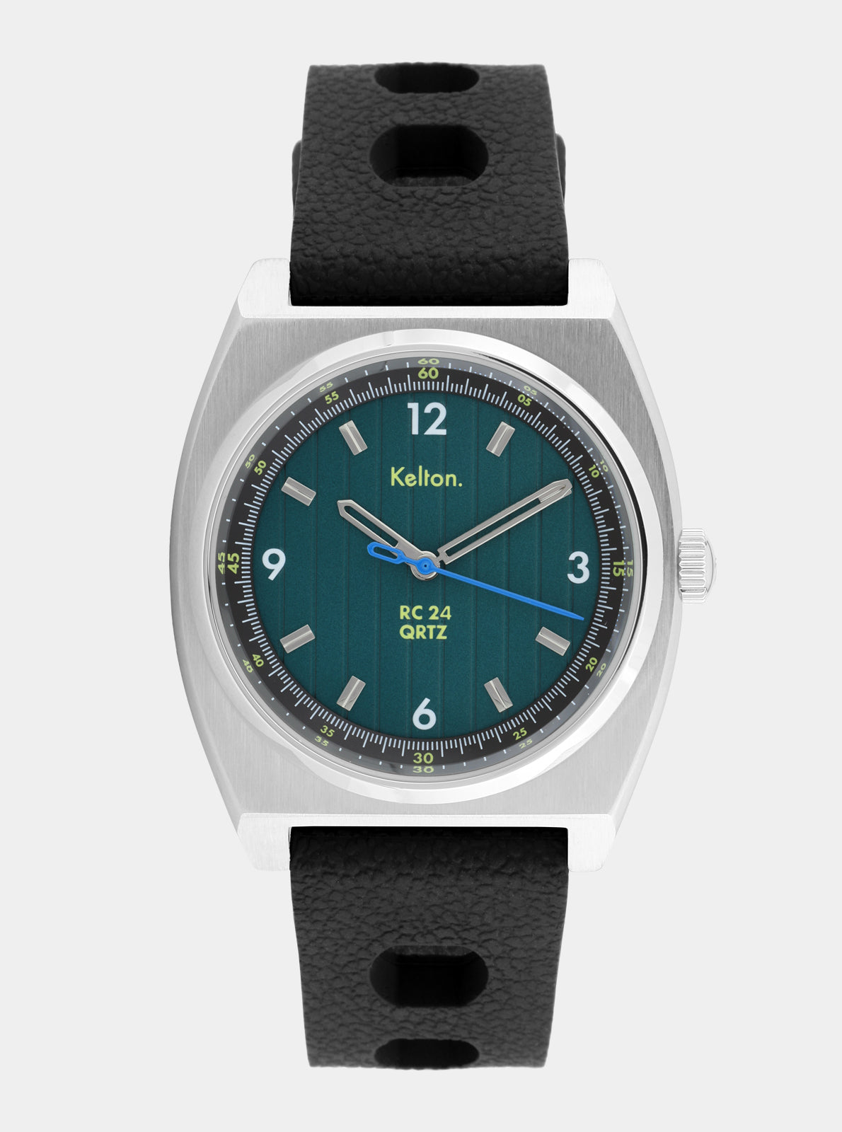Image of Montre ronde boîtier acier avec cadran vert, bracelet cuir noir, aiguilles bleues