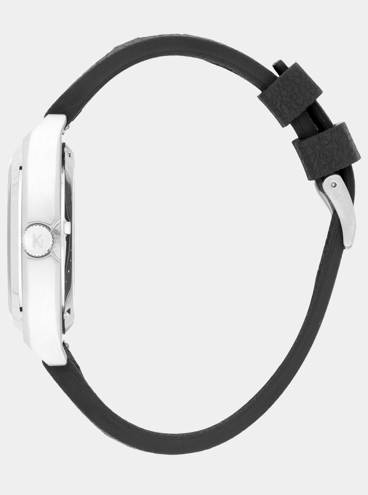 Image of Montre vue de profil, boîtier acier argenté, bracelet cuir noir, couronne
