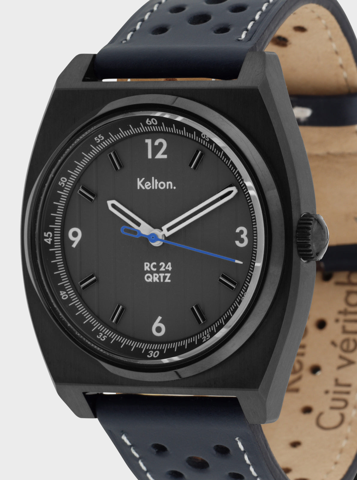 Image of Montre KELTON RC 24 QRTZ, cadran noir, chiffres 12 et 6, aiguilles bleues