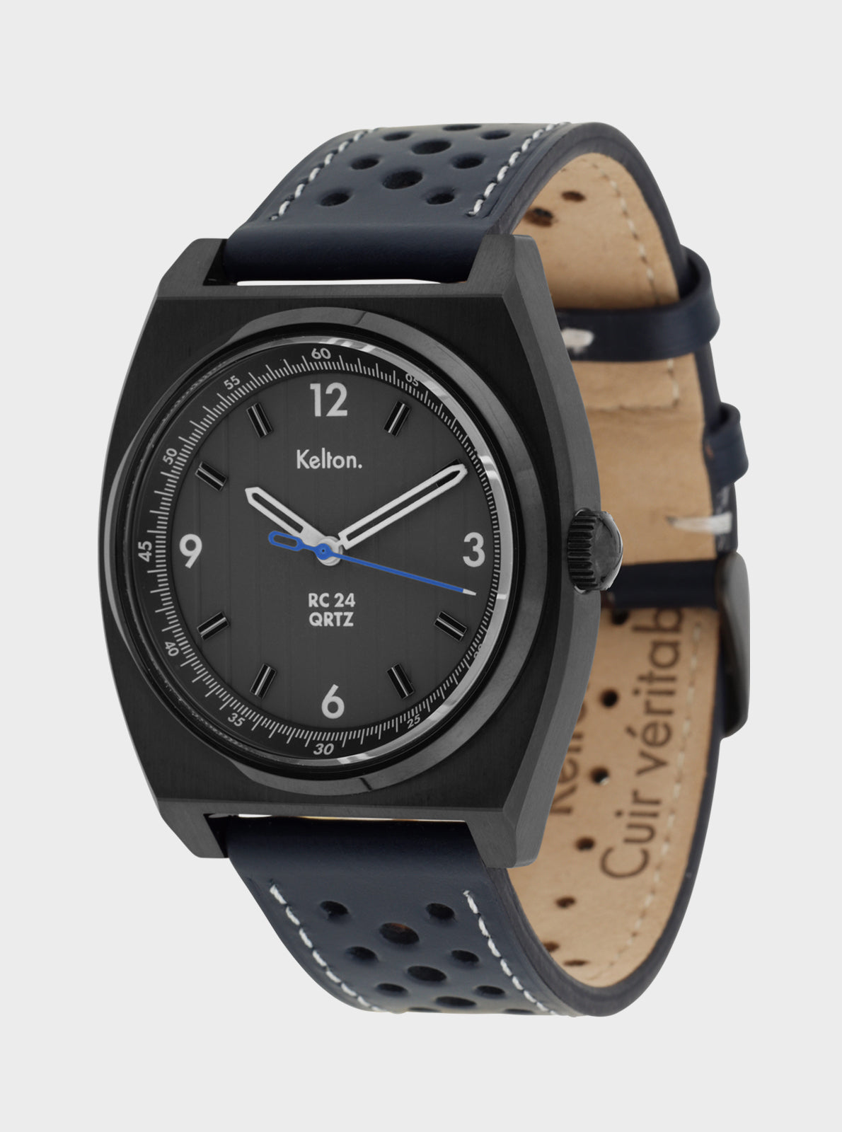 Image of Montre KELTON RC 24 QRTZ noire, cadran noir et aiguilles bleues, bracelet perforé