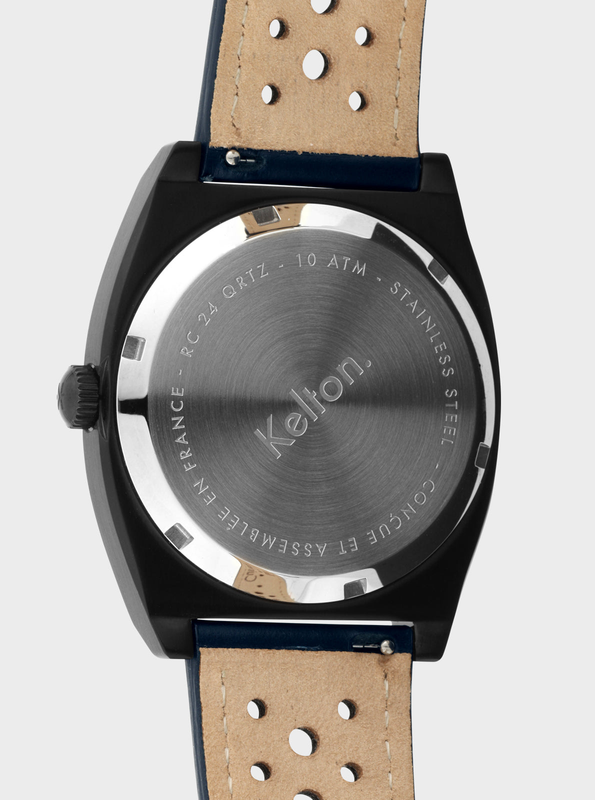 Image of Montre KELTON RC 24 QRTZ, fond de boîtier noir avec marquages et bracelet cuir perforé