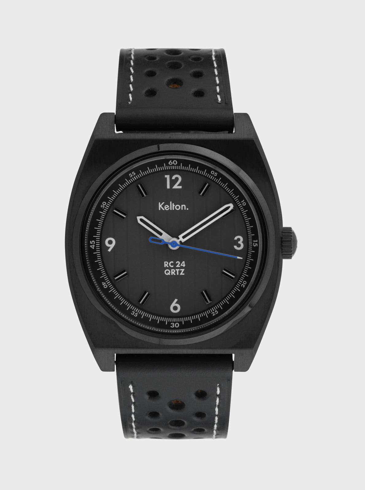 Image of Montre Kelton cadran noir, bracelet noir perforé, aiguilles bleutées