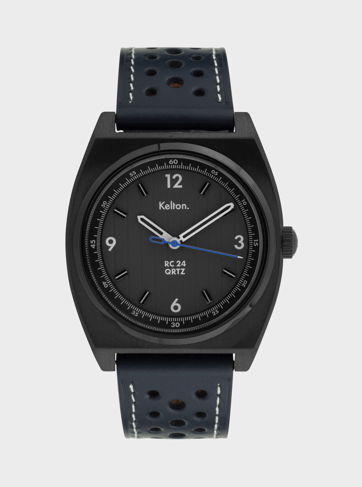 Image of Montre analogique KELTON RC 24 QRTZ noire, cadran noir et bracelet en cuir perforé
