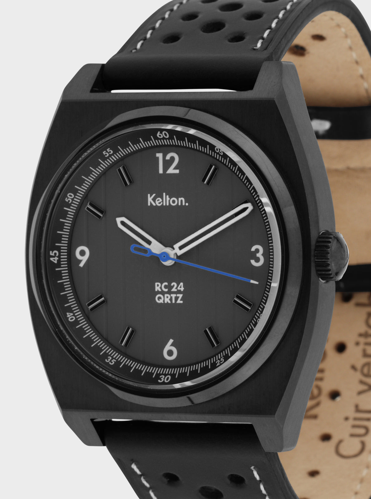 Image of Montre Kelton cadran noir avec chiffres 12, 3, 6 et aiguilles bleues