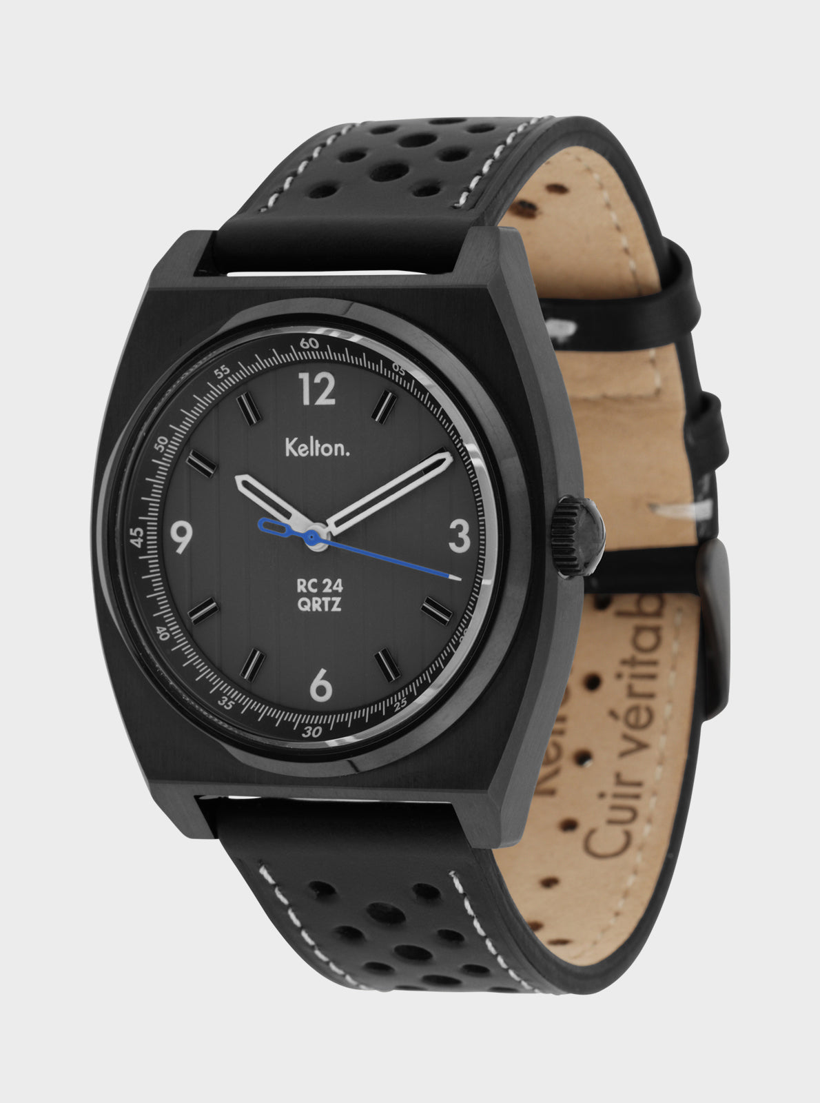Image of Montre Kelton bracelet noir perforé avec intérieur beige, boîtier noir