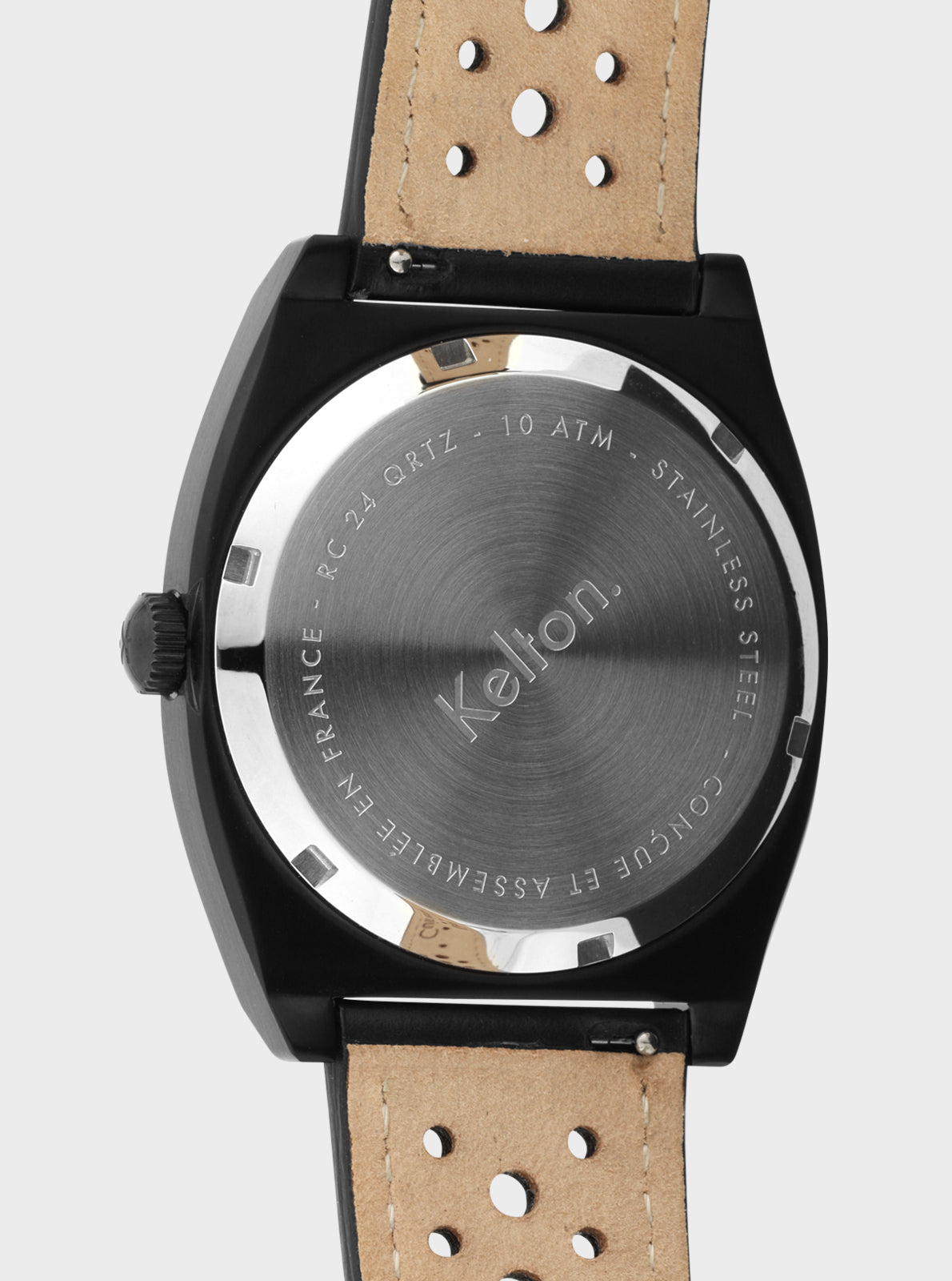 Image of Montre Kelton vue arrière, boîtier noir et bracelet beige à trous