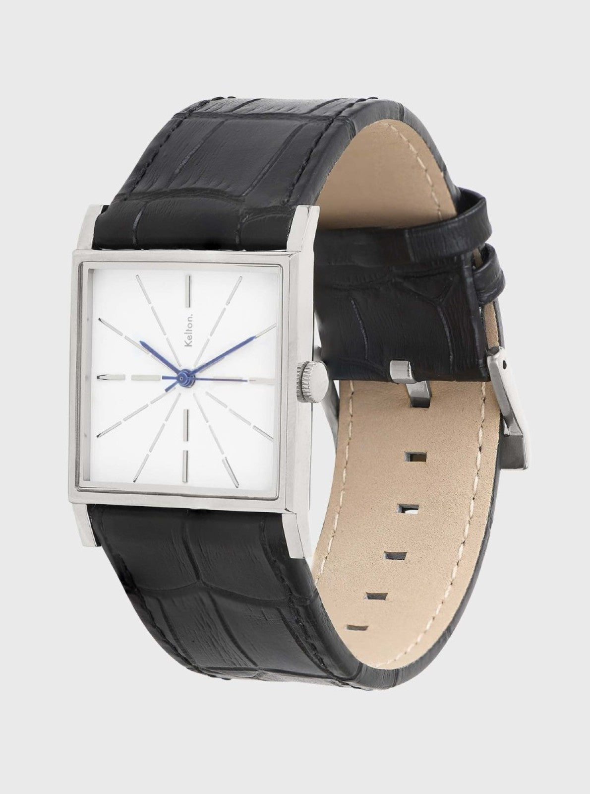 Image of Montre carrée à cadran blanc, bracelet noir en cuir, vue latérale avec fermoir