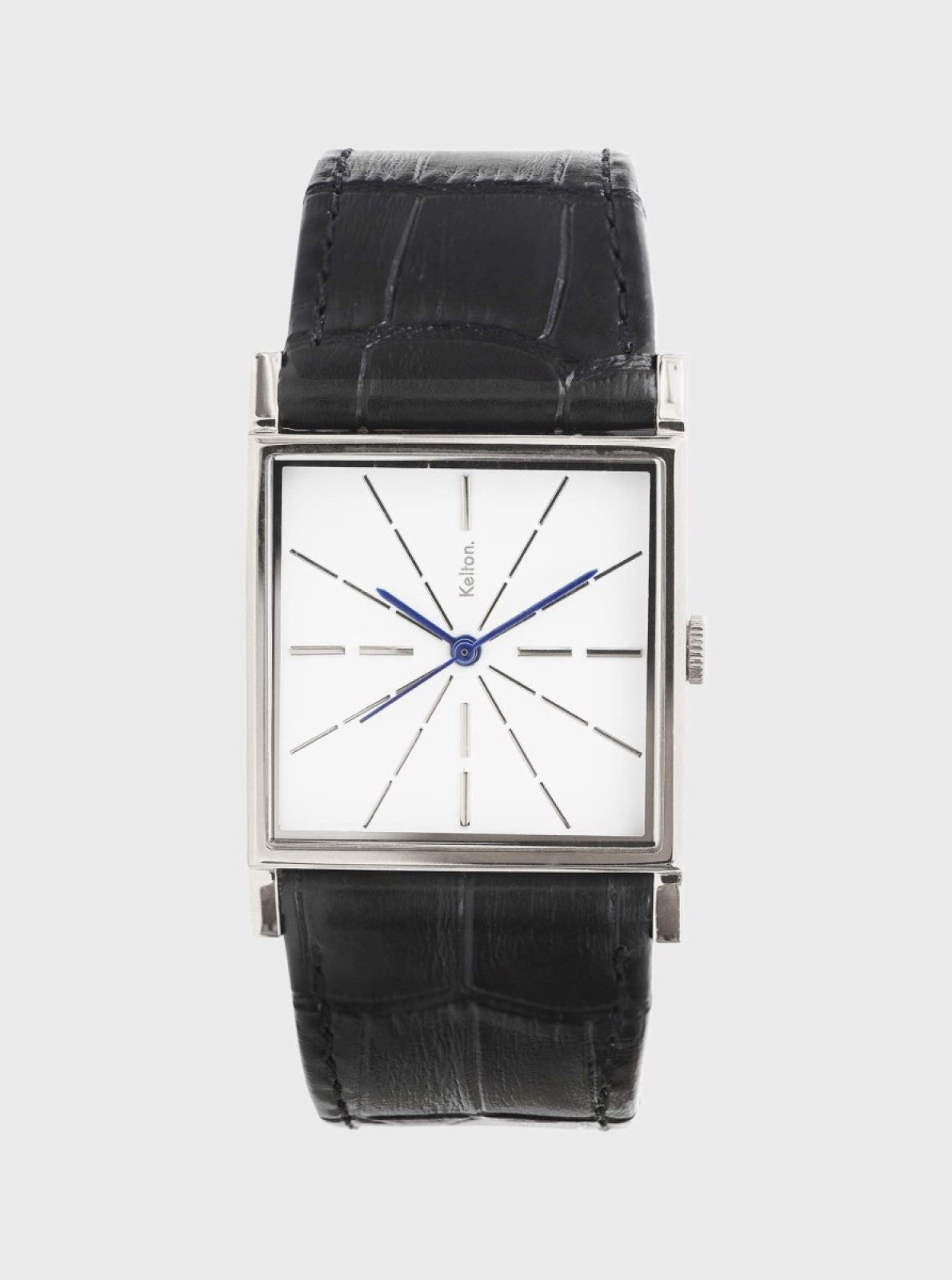 Image of Montre à cadran carré blanc, aiguilles bleues, bracelet noir en cuir croco