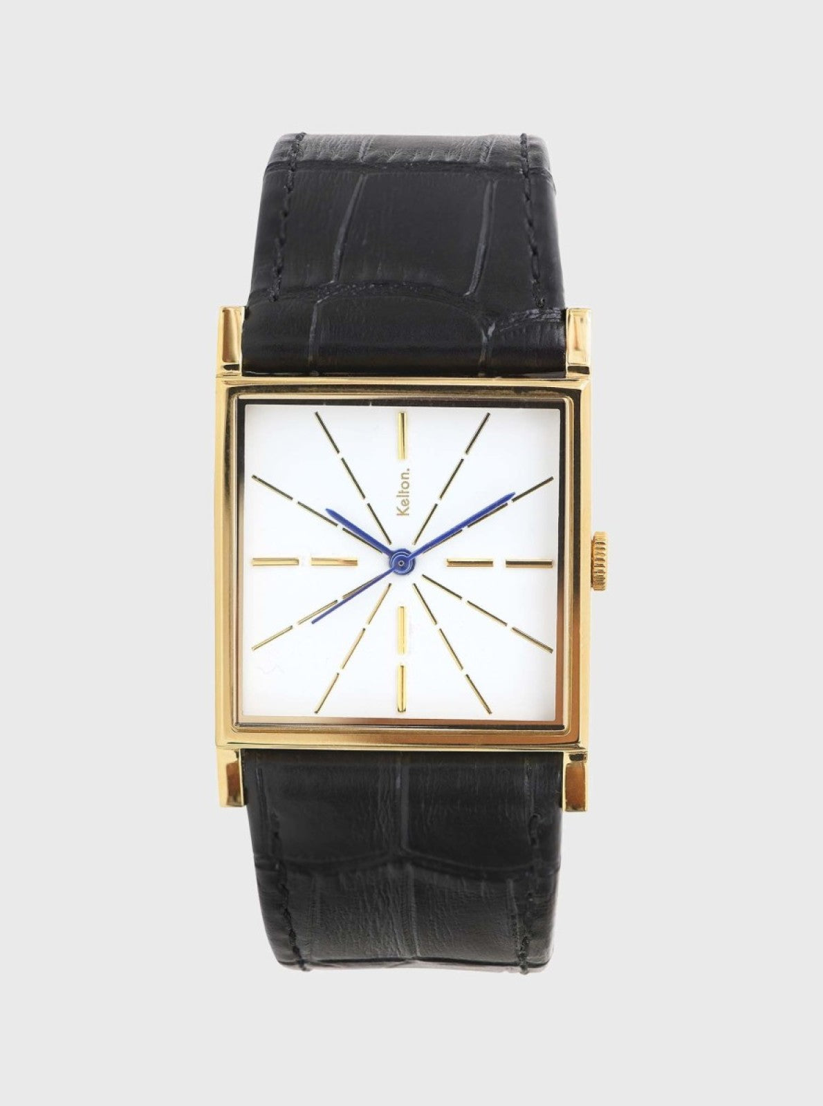Image of Montre à boîtier doré carré, cadran blanc et bracelet en cuir noir texturé.