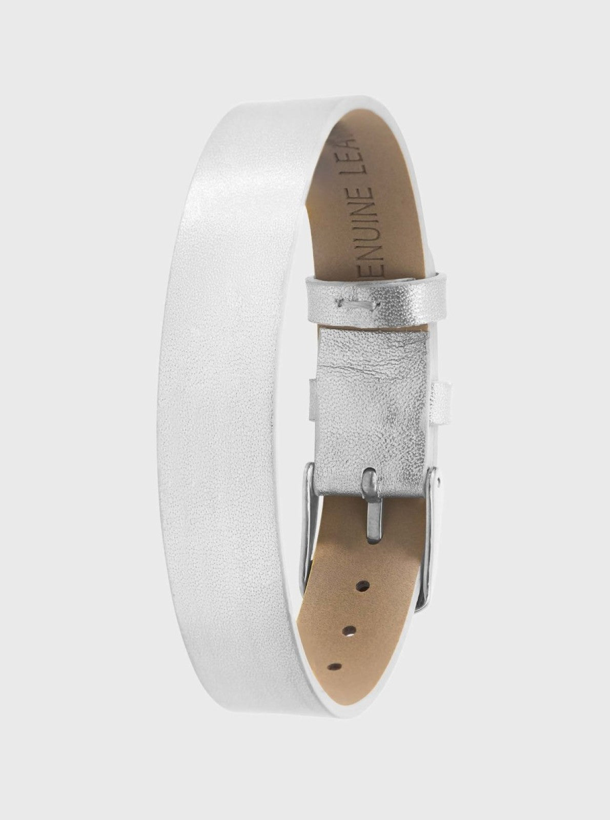 Image of Bracelet en cuir 14 mm blanc, fermoir métal argenté, vue de profil