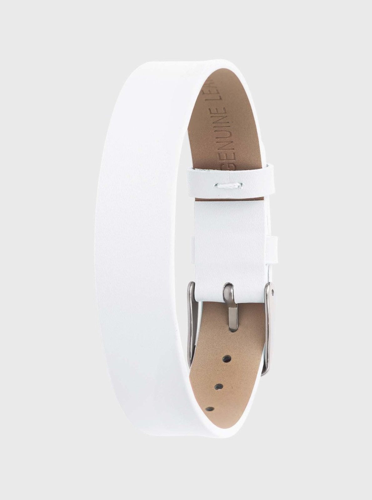 Image of Bracelet en cuir 14 mm blanc, boucle argent, languette avec trous d’ajustement.