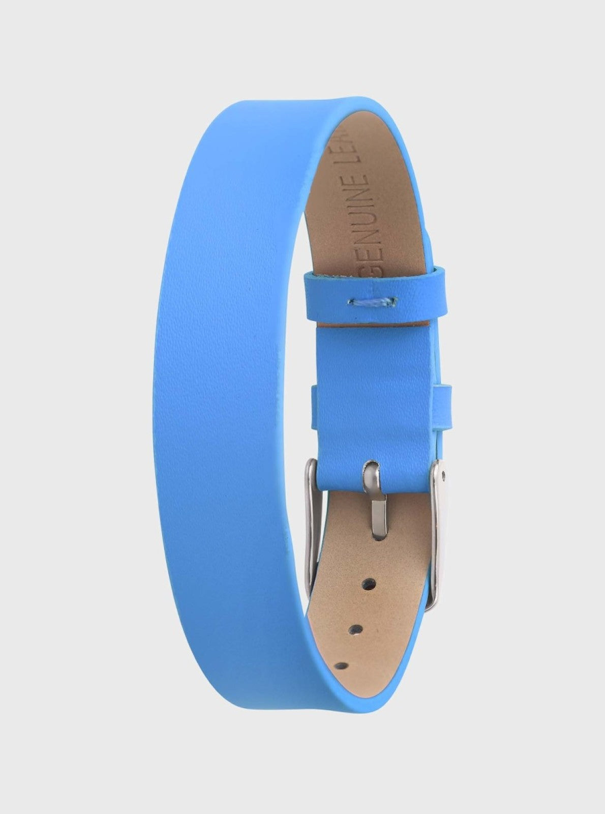 Image of Bracelet en cuir 14 mm bleu, boucle argent, languette avec trous d’ajustement.
