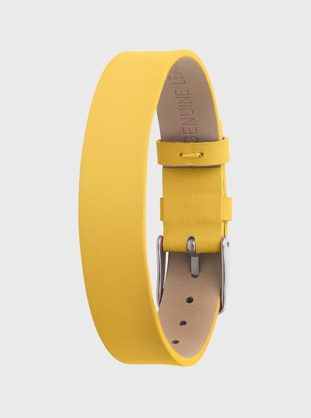 Image of Bracelet en cuir 14 mm jaune, boucle argent, languette avec trous d’ajustement.