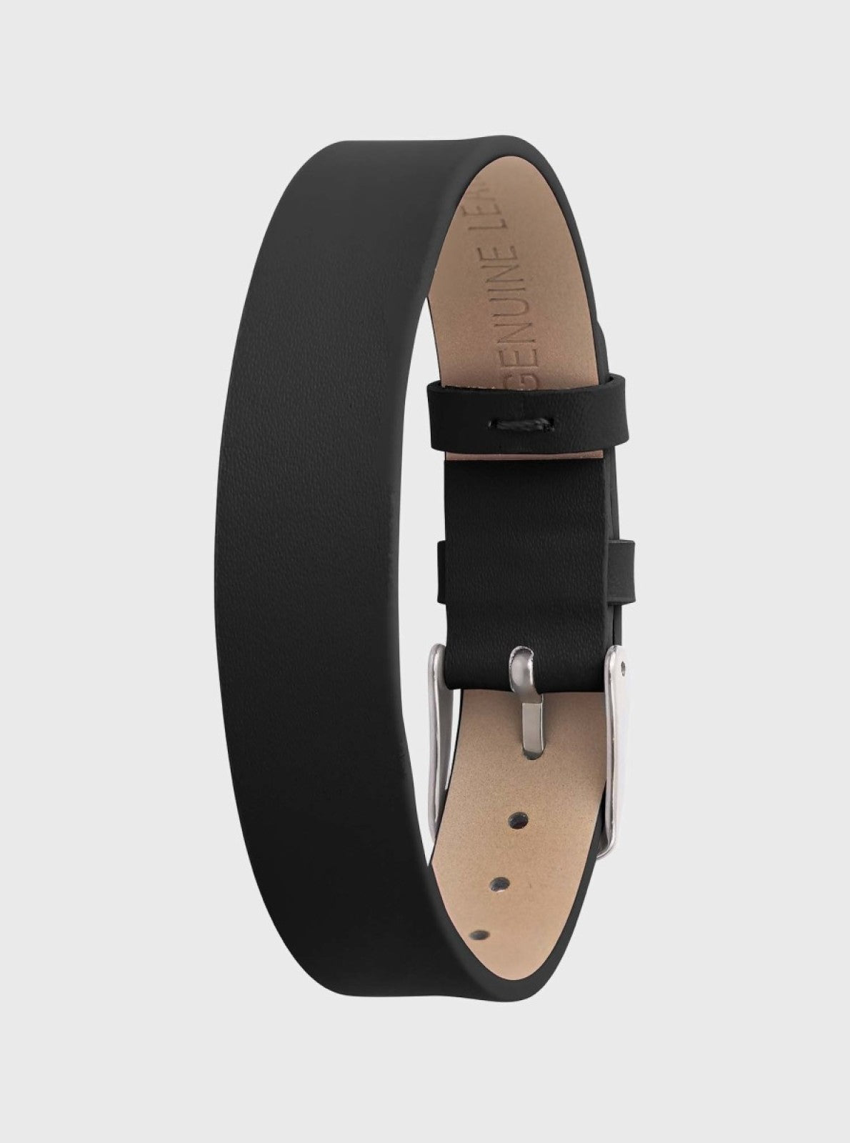 Image of Bracelet en cuir 14 mm noir, boucle argent, languette avec trous d’ajustement.