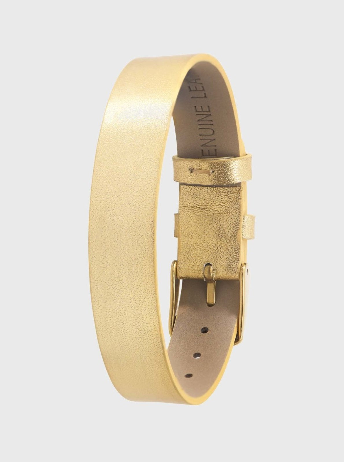 Image of Bracelet en cuir 14 mm doré, boucle argent, languette avec trous d’ajustement.