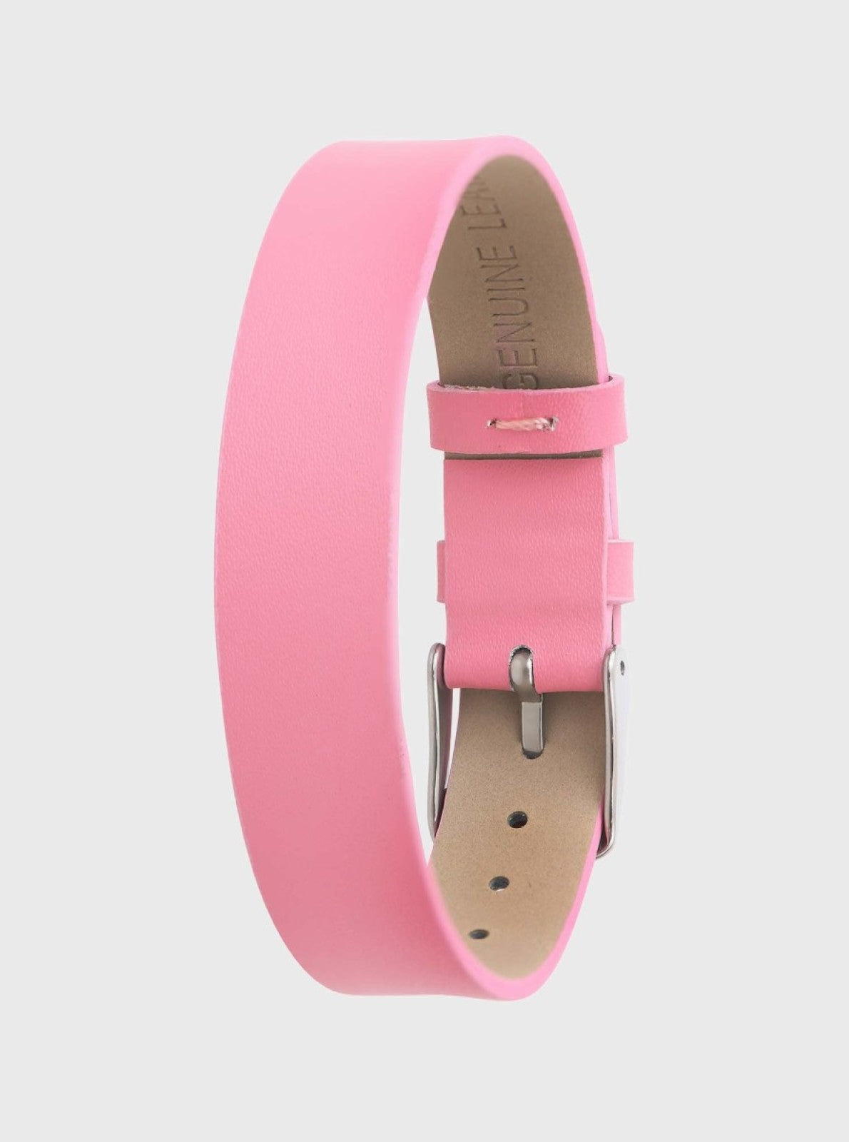 Image of Bracelet en cuir 14 mm rose clair, boucle argent, languette avec trous d’ajustement.