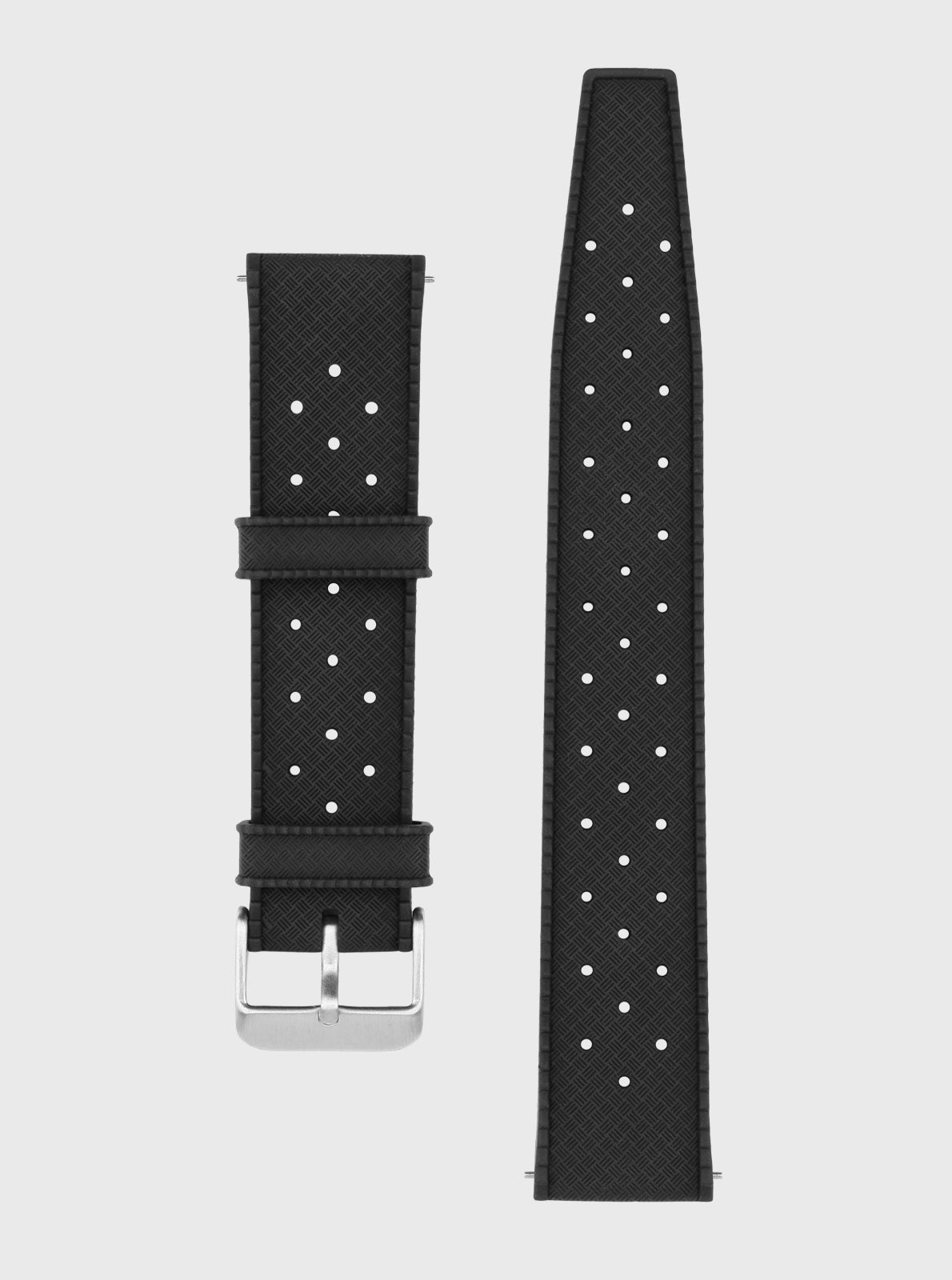 Image of Bracelet Tropic 20 mm à bracelet noir à pois blancs, boucle rectangulaire argentée.