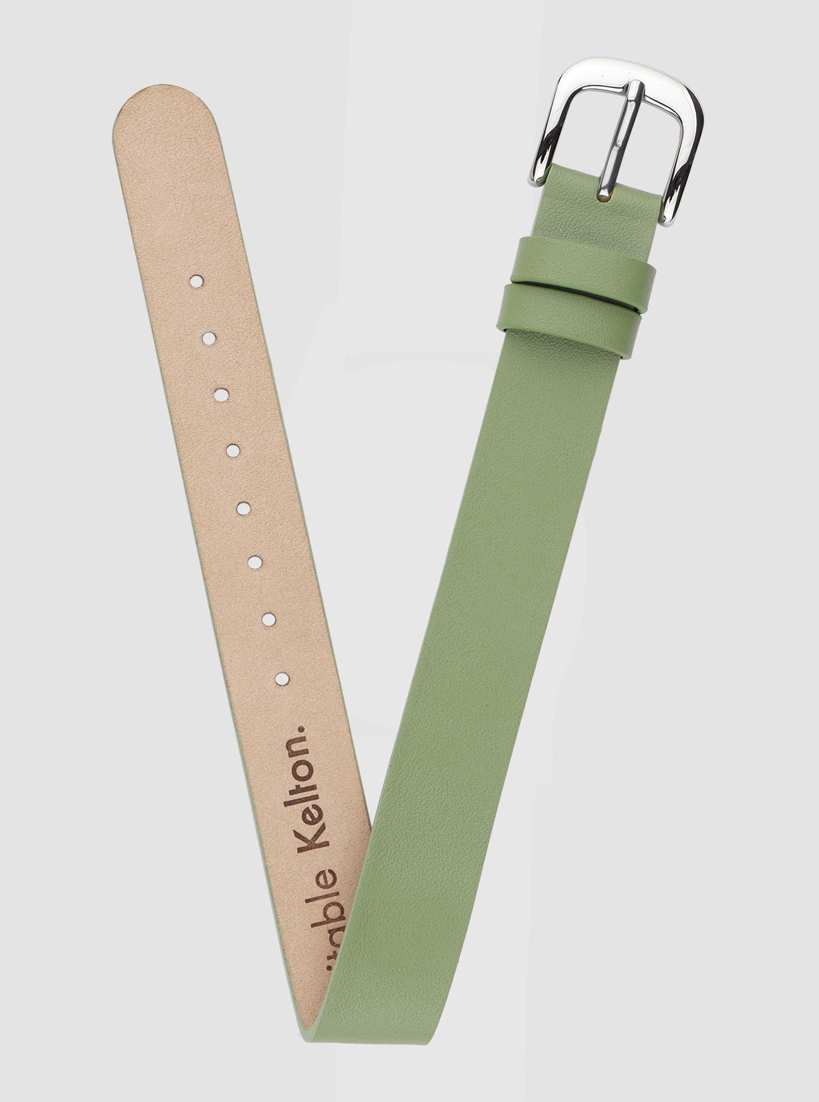 Image of Bracelet en cuir vert sauge, rivets clairs, fermoir rectangulaire argenté