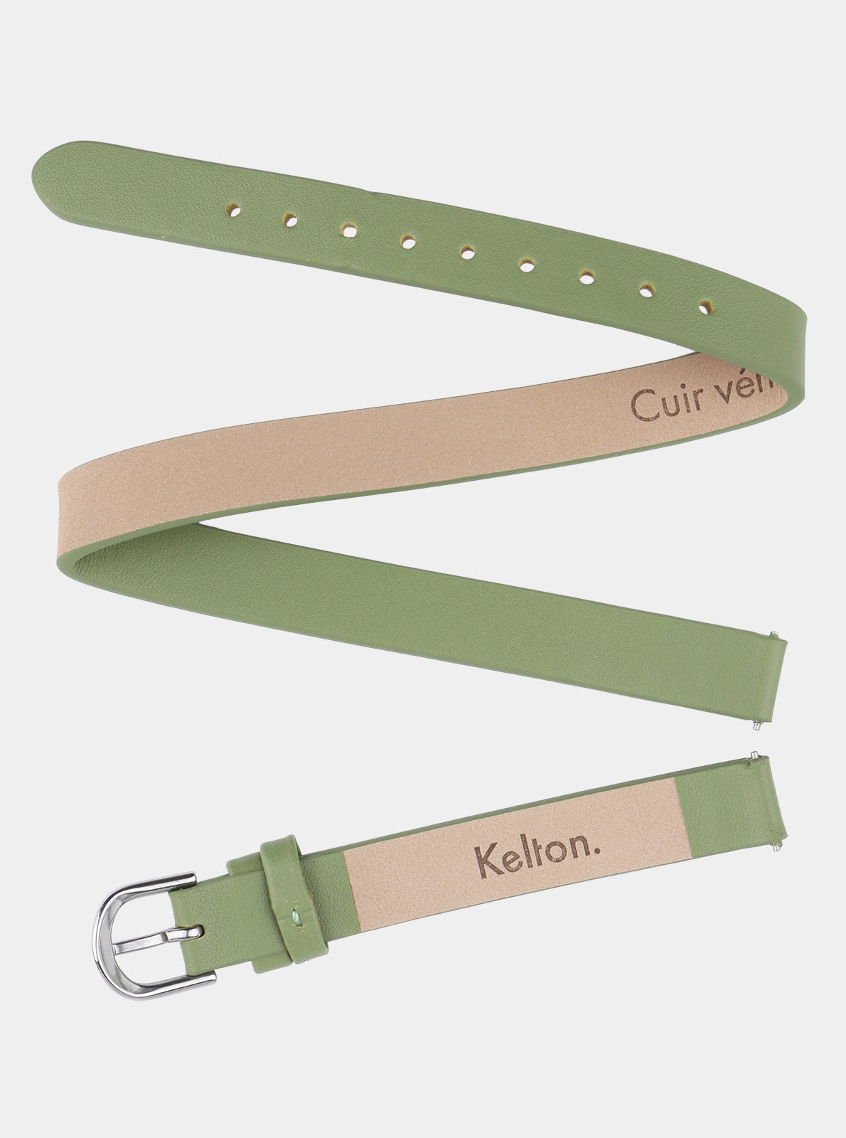 Image of Bracelet double tour en cuir vert sauge 10 mm, double lanières, boucle argentée