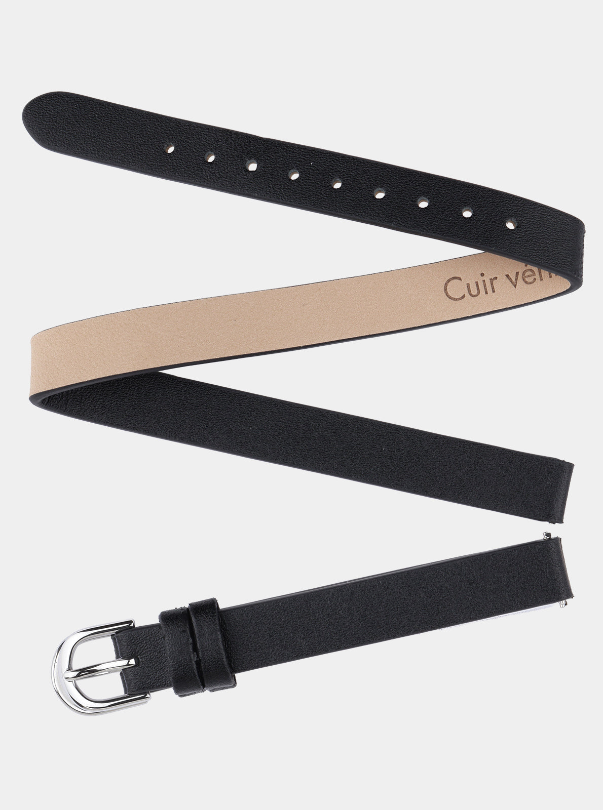 Image of Bracelet double tour en cuir 10 mm noir et beige, deux lanières avec trous