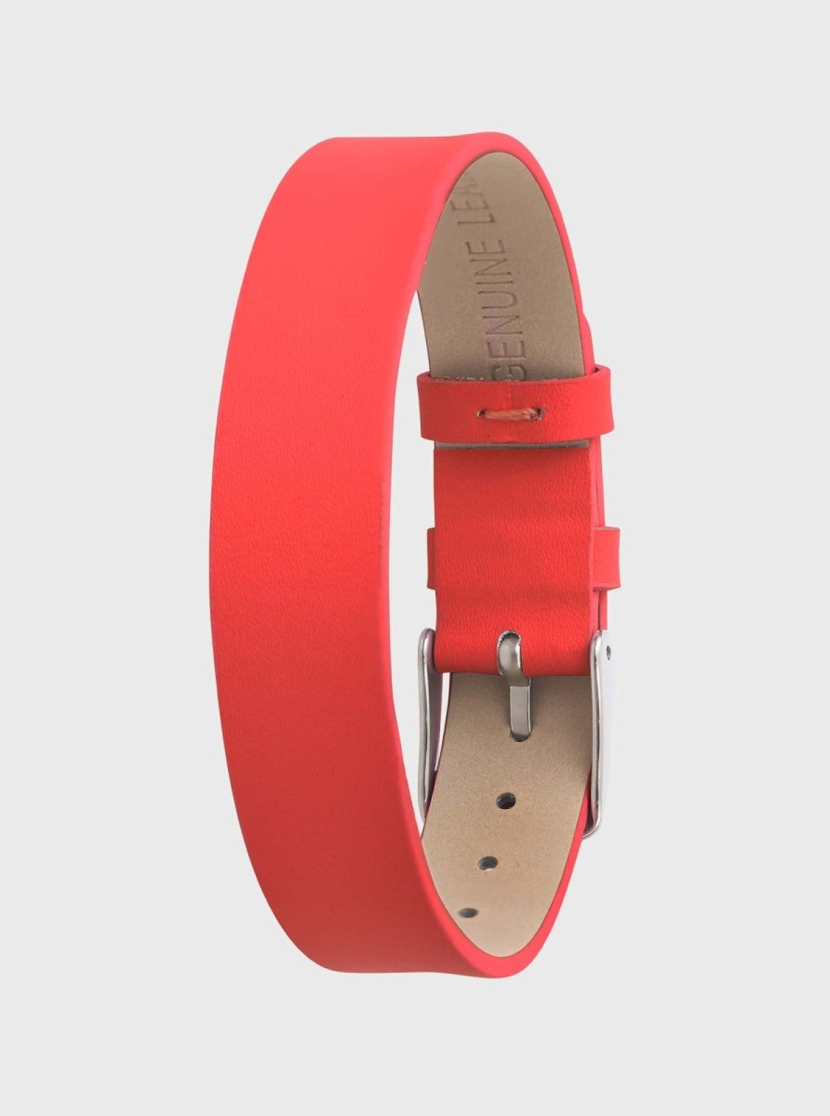 Image of Bracelet en cuir 14 mm rouge, boucle argent, languette avec trous d’ajustement.